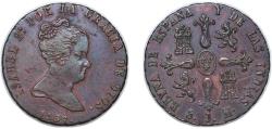 World Coins - Spain Kingdom 1836 J 8 Maravedis - Isabel II (1st legend) Copper Jubia Mint 10.52g AU KM 512 Cal 466