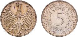 World Coins - Germany Federal Republic 1960 F 5 Deutsche Mark Silver (.625) (Copper .375) Staatliche Münze Baden-Württemberg Mint (1576000) 11.22g AU  KM 112 J 387 Schön 110