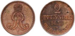 World Coins - Germany Kingdom of Hannover German states 1858 B 2 Pfennige - George V Copper Hanover Mint 4.03g AU AKS 153 Jaeg 8 HB 91 KM 234