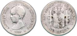 World Coins - Spain Kingdom 1889 MPM 1 Peseta - Alfonso XIII (1st portrait) Silver (.835) Madrid Mint (760000) 4.8g VF KM 691