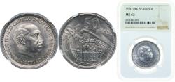 World Coins - Spain 1957 *60 50 Pesetas - Francisco Franco Copper-nickel (24845000) 12.5g NGC MS 63 KM 788 Cal 17 Schön 36