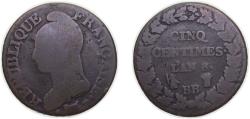 World Coins - France First Republic AN 8 (1799) BB 5 Centimes Copper Strasbourg Mint 9.71g VF F 115 Gad 126 / 126a / 126b / 126c KM 640