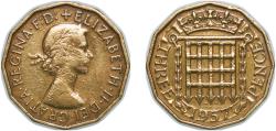 World Coins - Great Britain United Kingdom 1957 3 Pence - Elizabeth II (1st portrait; without 'BRITT:OMN') Nickel brass (24294400) 6.59g XF KM 900 Sp 4153