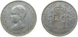 World Coins - Spain Kingdom 1891 *18-91 PGM 5 Pesetas - Alfonso XIII (1st portrait) Silver (.900) Madrid Mint (11659556) 25g AU KM 689