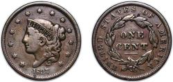 Us Coins - United States Federal republic 1837 1 Cent "Liberty Head / Matron Head Modified" (Type 2 Young Head) Copper United States Mint of Philadelphia 10.47g XF KM 45.2
