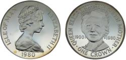 World Coins - Isle of Man Dependency of the British Crownlocated Elizabeth II 1980 PM 1 Crown 80th Anniversary of Queen Mother