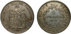 World Coins - France Third Republic 1875K 5 Francs "Hercule" Silver (.900) Bordeaux Mint 25g XF F334 Gad744 KM820.2