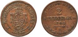 World Coins - Germany Kingdom of Saxony German states 1864 2 Pfennige - John Copper Dresden Mint (3139000) 2.96g VF  AKS 153 Jaeg 10 SW 122 KM 1217 Kahnt/Schön 167