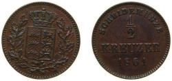 World Coins - Germany Kingdom of Württemberg German states 1861 ½ Kreuzer - Wilhelm I Copper 2.2g AU KM 603 KR 111 AKS 116 Jäg 1 Wu 81