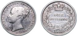 World Coins - Great Britain 1860 1 Shilling - Victoria (1st portrait; 'Young Head') Silver (.925) Royal Mint (Tower Hill) (1671100) 5.6g XF KM 734 Sp 3902-7