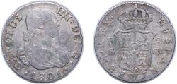 World Coins - Spain Kingdom 1801 S CN 2 Reales - Carlos IV Silver (.806) Seville Mint 6g VF KM 430.2