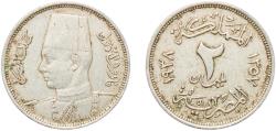 World Coins - Egypt AH 1357 (1938) 2 Milliemes - Farouk Copper-nickel (2500000) 2.47g XF  KM 359 Schön 67 MHC 251