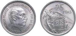 World Coins - Spain Nationalist Government 1957 *70 25 Pesetas - Francisco Franco Copper-nickel (75% copper, 25% nickel) Royal Mint of Spain (25000000) 8.35g UNC KM 787 Cal 30 Schön 35