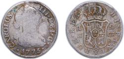 World Coins - Spain Kingdom 1775 S CF 2 Reales - Carlos III (2nd type) Silver (.813) Seville Mint 6g VF KM 412.2