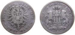 World Coins - Germany  Free Hanseatic city of Hamburg Second Empire 1878 J 2 Mark Silver (.900) Hamburg Mint (350000) 11.111g VF KM604 J61
