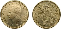 World Coins - Spain Kingdom 1975 (1980)  "80" on star 1 Peseta - Juan Carlos I, Error Rotated about 20 Degrees Aluminium-bronze (92% copper, 6% aluminum, 2% nickel) Madrid mint 3.5g BU KM806 Sc