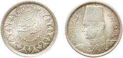 World Coins - Egypt AH 1361 (1942) 2 Qirsh - Farouk Original luster Silver (.833) (Copper .166) Royal Mint (Tower Hill) (10000000) 2.8g UNC  KM 365 Schön 70 MHC 256