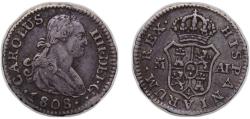 World Coins - Spain Kingdom 1808 M AI ½ Real - Carlos IV Silver (.806) Madrid Mint 1.7g VF KM438