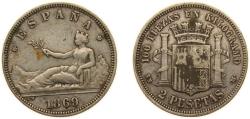 World Coins - Spain Kingdom 1869 *18-69 SNM 2 Pesetas Silver (.835) Madrid Mint (3269853) 10g VF KM 654