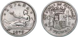 World Coins - Spain Provisional Government 1870 *18-73 DEM 2 Pesetas - Provisional Government Silver (.835) Madrid Mint (11879646) 9.9g XF  KM 654