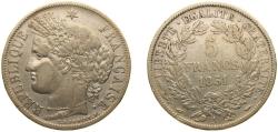 World Coins - France Second Republic 1851 A 5 Francs (Ceres, 2nd republic) Silver (.900) Paris Mint (13142644) 25g XF F 327 KM 761.1 Gad 719