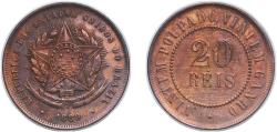 World Coins - Brazil 1889 20 Réis Bronze Casa da Moeda do Brasil Mint (630000) 7.04g AU KM 490 Schön 1 Kahnt/Schön 185 Bentes 650