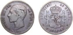 World Coins - Spain Kingdom 1881 MSM 5 Pesetas - Alfonso XII (2nd portrait) Silver (.900) Madrid Mint (699000) 25g VF KM 676 Cal 32