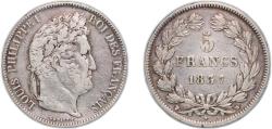 World Coins - France Kingdom 1837 W 5 Francs - Louis-Philippe I Silver (.900) Lille Mint (6650054) 24.82g XF  KM 749 Franc 2014 324 Gad 1789 678