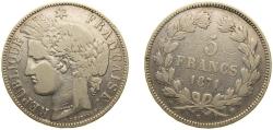 World Coins - France Third Republic 1871 K 5 Francs Silver (.900) Bordeaux Mint (604313) 25g VF F 332 Gad 742 KM 818.2