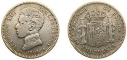 World Coins - Spain Kingdom 1905 *19-0? SMV 1 Peseta - Alfonso XIII (4th portrait) Silver (.835) Madrid Mint (492000) 5g VF KM 721