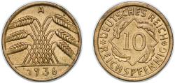 World Coins - Germany Germany - 1871-1948 Weimar Republic 1936 A 10 Reichspfennig Aluminium bronze Berlin Mint (24526894) 3.98g UNC KM 40 AKS 45 J 317 Schön 40