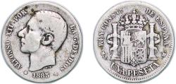 World Coins - Spain Kingdom 1885 *??-86 MSM 1 Peseta - Alfonso XII (2nd portrait) Silver (.835) (1528418) 4.93g VF  KM 686 Cal 56