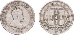 World Coins - Jamaica British colony 1910 1 Penny - Edward VII (Arms with vertical shading) Copper-nickel Royal Mint (Tower Hill) (144000) 9.07g VF  KM 23