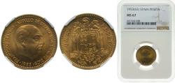 World Coins - Spain Nationalist Government 1953 *19-63 1 Peseta - Francisco Franco Aluminium-bronze (92.5% copper, 7.5% aluminum) Madrid Mint (37000000) 3.5g NGC MS 67 KM 775 Schön 28.1