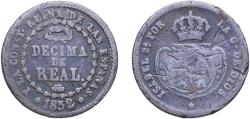 World Coins - Spain Kingdom 1852 1 Decima de Real - Isabel II Copper Segovia Mint 3.64g VF Scratches Cal 583