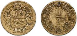 World Coins - Peru Republic 1947 ½ Sol de Oro Brass (See alloys in comments section) 7.4g VF KM 220 Schön 23