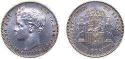 World Coins - Spain Kingdom 1899 *18-99 SGV 1 Peseta - Alfonso XIII (3rd portrait) Silver (.835) Madrid Mint (7472000) 5g UNC KM706