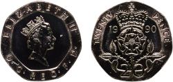 World Coins - Great Britain United Kingdom Kingdom of England 1990 20 Pence - Elizabeth II (3rd portrait) Copper-nickel (84% Cu, 16% Ni) Royal Mint (79052) 5.02g UNC  KM 939 Sp G2