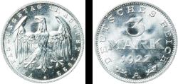 World Coins - Germany Weimar Republic 1922 A 3 Mark Aluminium Berlin Mint (15496695) 1.99g UNC  KM 28 AKS 29 J 302 Schön 25