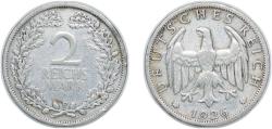 World Coins - Germany Germany - 1871-1948 Weimar Republic 1926 F 2 Reichsmark Silver (.500) Staatliche Münze Baden-Württemberg Mint (7114688) 10g VF KM 45 AKS 32 J 320 Schön DM 44