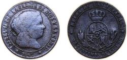 World Coins - Spain Kingdom 1867 OM 2½ Centimos de Escudo - Isabel II Bronze Jubia Mint 6.25g VF KM 634 Cal 638
