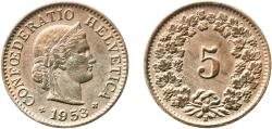 World Coins - Switzerland Federal State 1953 B 5 Rappen (Libertas; copper-nickel) Copper-nickel (75% copper, 25% nickel, non-magnetic) Bern Mint (9131000) 2.04g XF  HMZ 2 1212 Divo/Tob19 319 KM