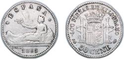 World Coins - Spain Provisional Government 1869 *6-9 SNM 50 Centimos - Provisional Government Silver (.835) Madrid Mint (452726) 2.46g XF Surface hairlines KM 651 Cal 18