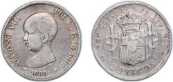World Coins - Spain Kingdom 1889 *18-?? MPM 2 Pesetas - Alfonso XIII (1st portrait) Silver (.835) Madrid Mint (559000) 9.76g VF KM 692 Cal 29