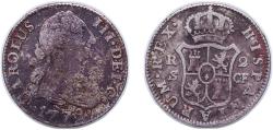 World Coins - Spain Kingdom 1779 S CF 2 Reales - Carlos III (2nd type) Silver (.813) Seville Mint 5.3g VF KM 412.2