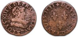 World Coins - France Kingdom 1631 D Double Tournois - Louis XIII (Lyon; 6th type) Copper Lyon Mint 2.5g VF CGKL 348 Dy royales 1362