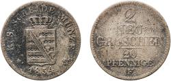 World Coins - Germany Kingdom of Saxony (Albertinian Line) 1854 2 Neugroschen / 20 Pfennige - Frederick August II Billon (.312 silver) Dresden Mint (790000) 2.85g VF  AKS 106, 143 Jäg 10 SW 83