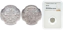 World Coins - Spain Kingdom 1769 M PJ ½ Real - Carlos III (cross) Silver (.833) Madrid Mint 1.43g NGC AU 50 KM 395.1 Cal 1730