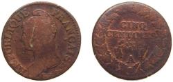 World Coins - France First Republic AN 7 (1798) A 5 Centimes Copper Paris Mint 9.17g VF Scratches KM 640