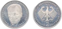 World Coins - Germany Federal Republic of Germany 1999 J 2 Deutsche Mark (Willy Brandt) Copper-nickel clad nickel Hamburgische Münze Mint (70000) 7g UNC KM 183 J 459 Schön 182